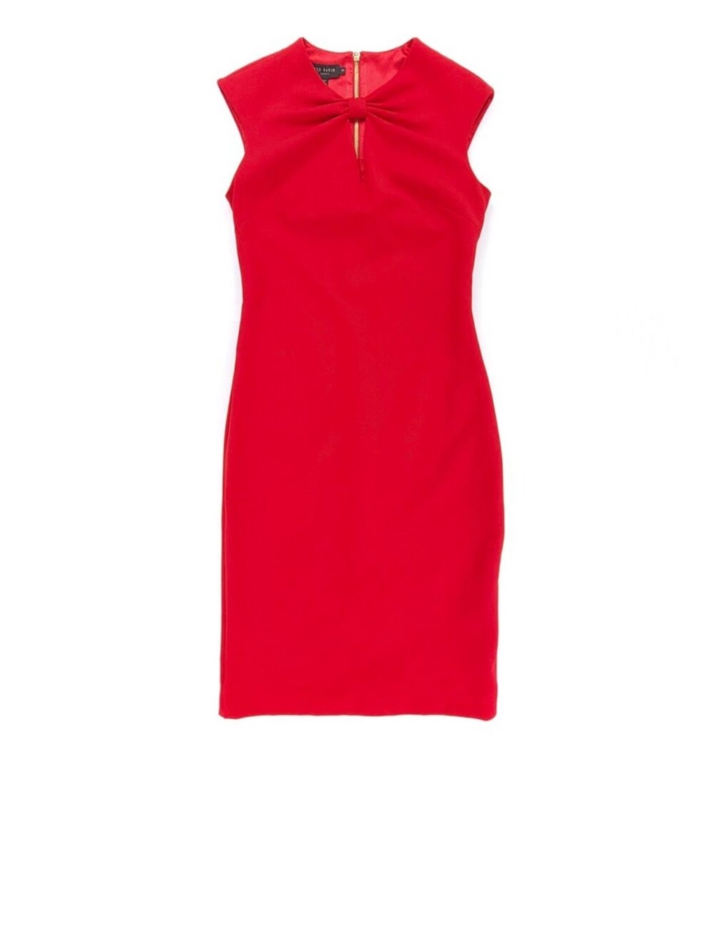 NEW Ted Baker Twist Bow Neck Sheath Modest Midi Knee Length Dress Red Gold Small
